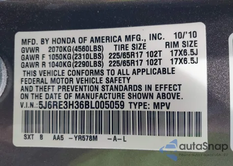 2011 Honda Cr-V Lx from USA, damaged, VIN 5J6RE3H36BL005059